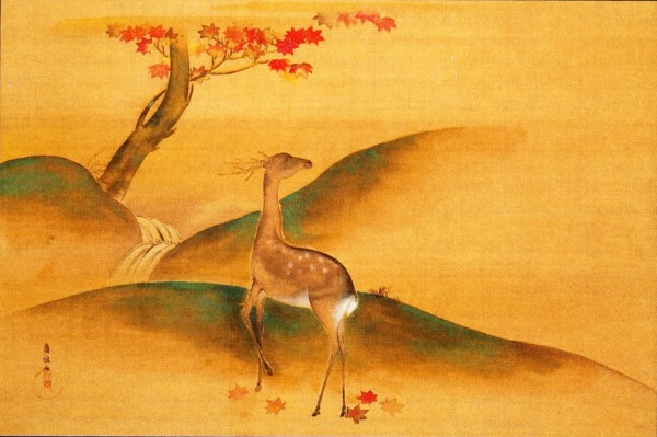 Uchida Hirotsune (attivo fra il 1800 e il 1830), Cerco e aceri d'autunno, kakemono; inchiostro, colori minerali e oro su seta, 1820 circa.