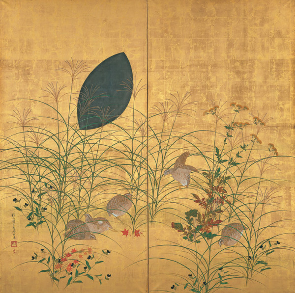 SakaiHōitsu (1761-1828). Pianete autunnali e quaglie, colori su fondo oro. In esposizione presso lo Yamatane Museum of Art di Tokyo.